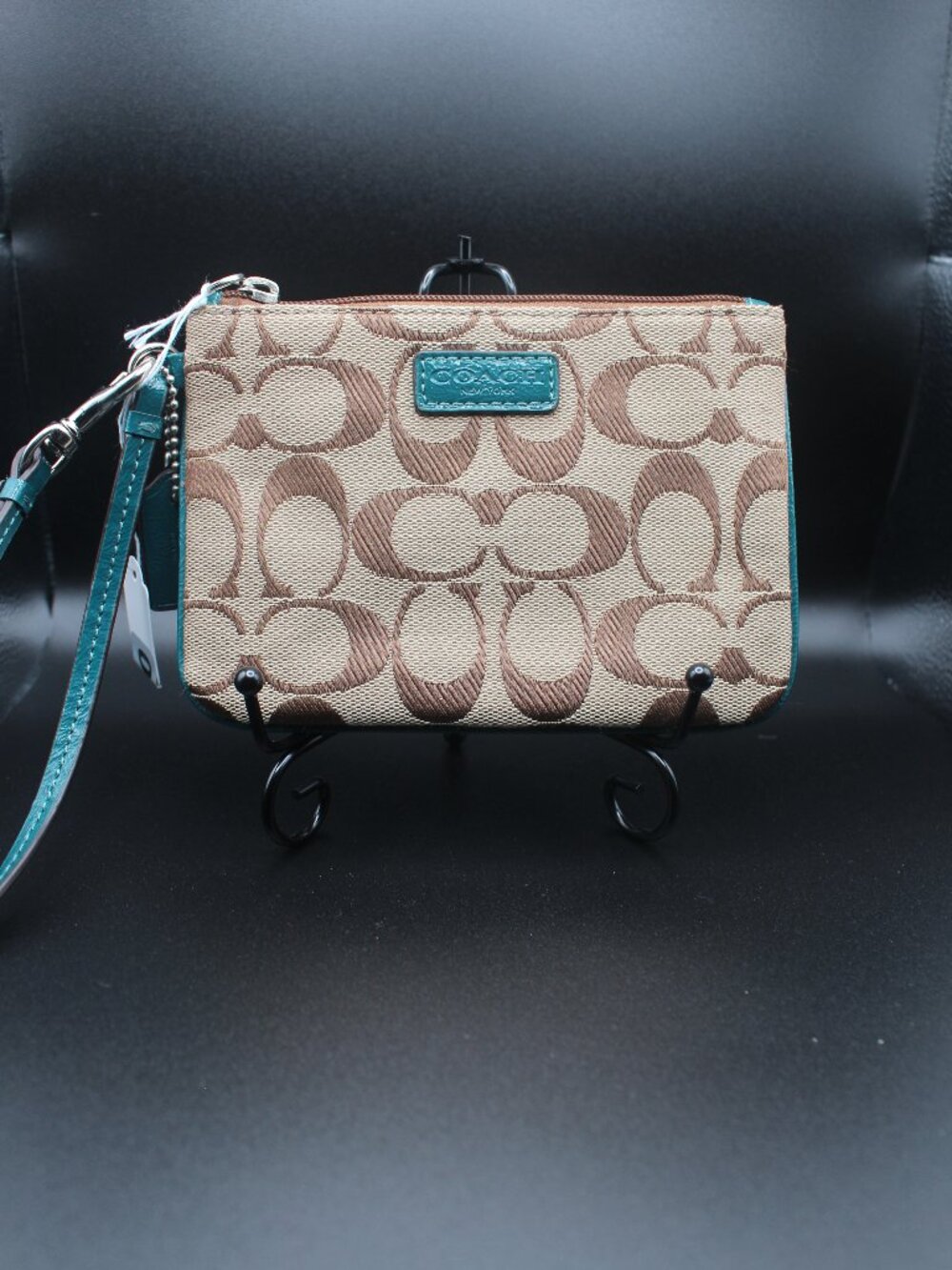 Coach Khaki Signature C Wristlet with Teal Trim 0069